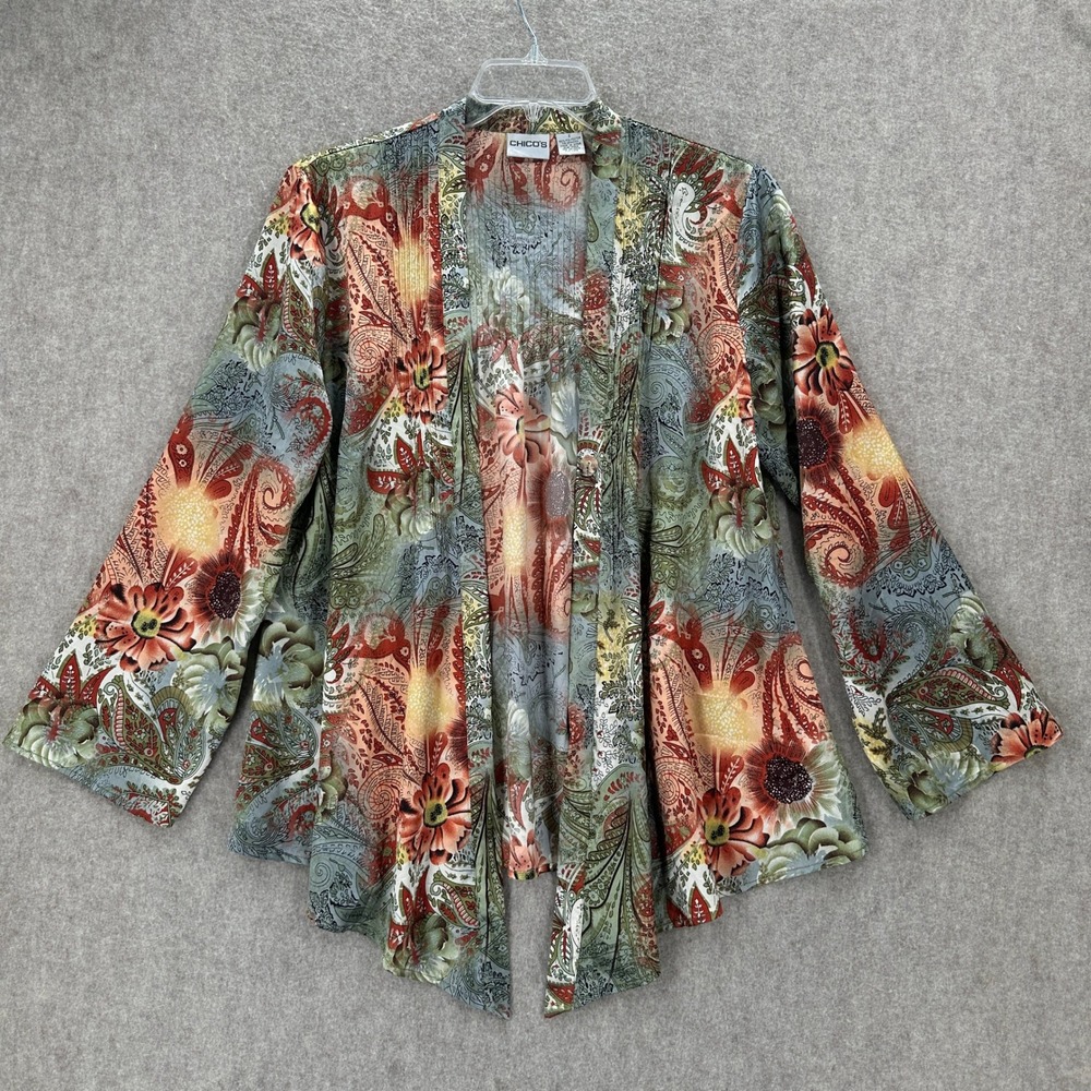 Chicos Open Front‎ Satin Cardigan LARGE Green Orange Paisley Floral Pintuck Top